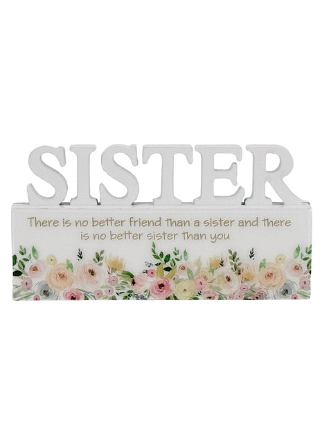 A charming white decorative ornament featuring the word "Sister" with beautiful floral patterns, making it an ideal home decor gift for your sister. The delicate floral design adds a touch of elegance and warmth, making it a perfect gift for birthdays, holidays, or any special occasion. This meaningful ornament symbolizes the love and connection shared between siblings and serves as a reminder of cherished moments. The simple yet elegant white color complements any home decor style, creating a heartfelt and