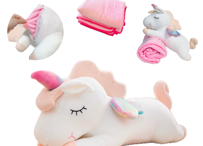 Adorable white unicorn plush toy with rainbow wings, featuring a cozy unicorn blanket tucked inside its belly. Soft and cuddly, this squishmallow-style stuffed animal doubles as a pillow for kids, making it the perfect plushie and comfort companion for bedtime or playtime. 1
