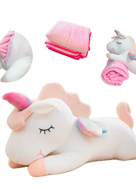 Adorable white unicorn plush toy with rainbow wings, featuring a cozy unicorn blanket tucked inside its belly. Soft and cuddly, this squishmallow-style stuffed animal doubles as a pillow for kids, making it the perfect plushie and comfort companion for bedtime or playtime. 1
