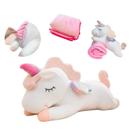 Adorable white unicorn plush toy with rainbow wings, featuring a cozy unicorn blanket tucked inside its belly. Soft and cuddly, this squishmallow-style stuffed animal doubles as a pillow for kids, making it the perfect plushie and comfort companion for bedtime or playtime. 1
