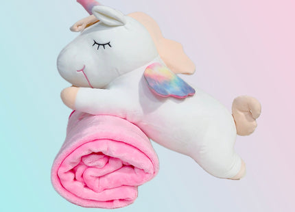 Adorable white unicorn plush toy with rainbow wings, featuring a cozy unicorn blanket tucked inside its belly. Soft and cuddly, this squishmallow-style stuffed animal doubles as a pillow for kids, making it the perfect plushie and comfort companion for bedtime or playtime. 2
