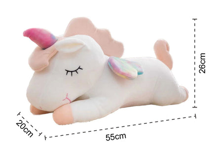Adorable white unicorn plush toy with rainbow wings, featuring a cozy unicorn blanket tucked inside its belly. Soft and cuddly, this squishmallow-style stuffed animal doubles as a pillow for kids, making it the perfect plushie and comfort companion for bedtime or playtime. 5
