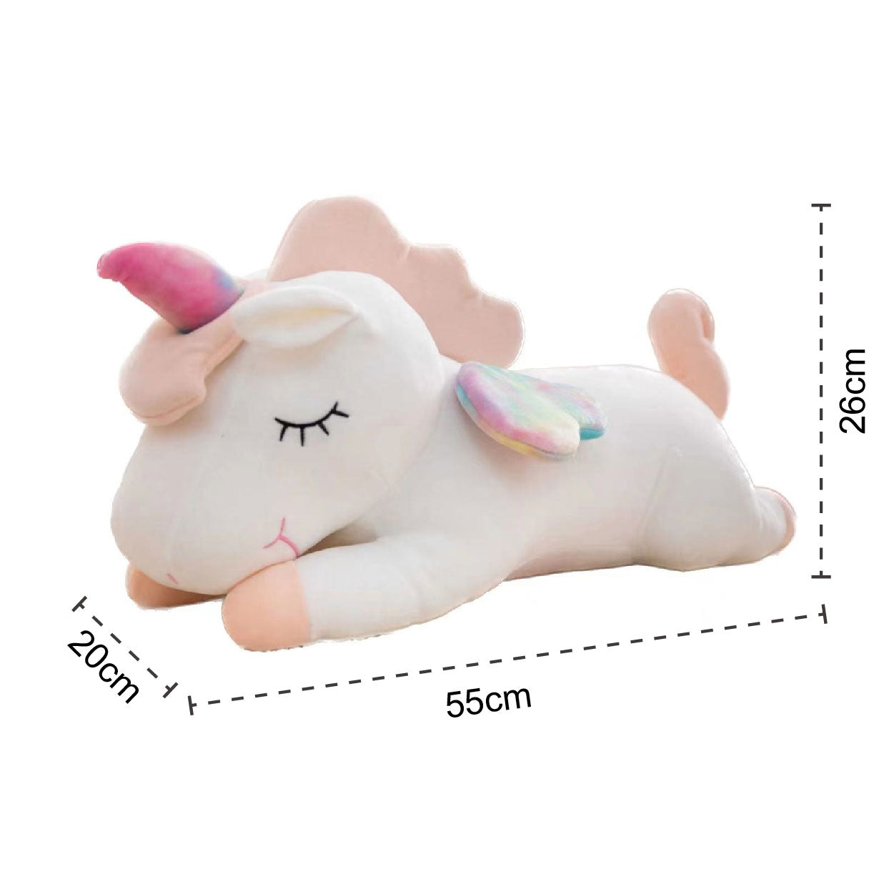 Adorable white unicorn plush toy with rainbow wings, featuring a cozy unicorn blanket tucked inside its belly. Soft and cuddly, this squishmallow-style stuffed animal doubles as a pillow for kids, making it the perfect plushie and comfort companion for bedtime or playtime. 5
