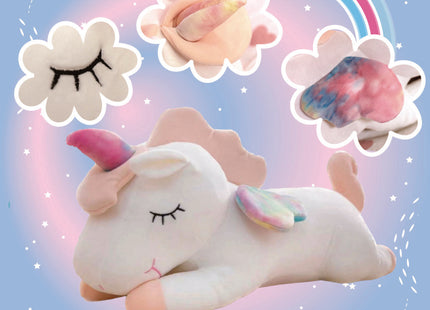 Adorable white unicorn plush toy with rainbow wings, featuring a cozy unicorn blanket tucked inside its belly. Soft and cuddly, this squishmallow-style stuffed animal doubles as a pillow for kids, making it the perfect plushie and comfort companion for bedtime or playtime. 6
