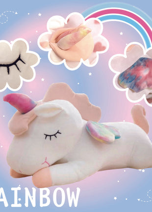 Adorable white unicorn plush toy with rainbow wings, featuring a cozy unicorn blanket tucked inside its belly. Soft and cuddly, this squishmallow-style stuffed animal doubles as a pillow for kids, making it the perfect plushie and comfort companion for bedtime or playtime. 6

