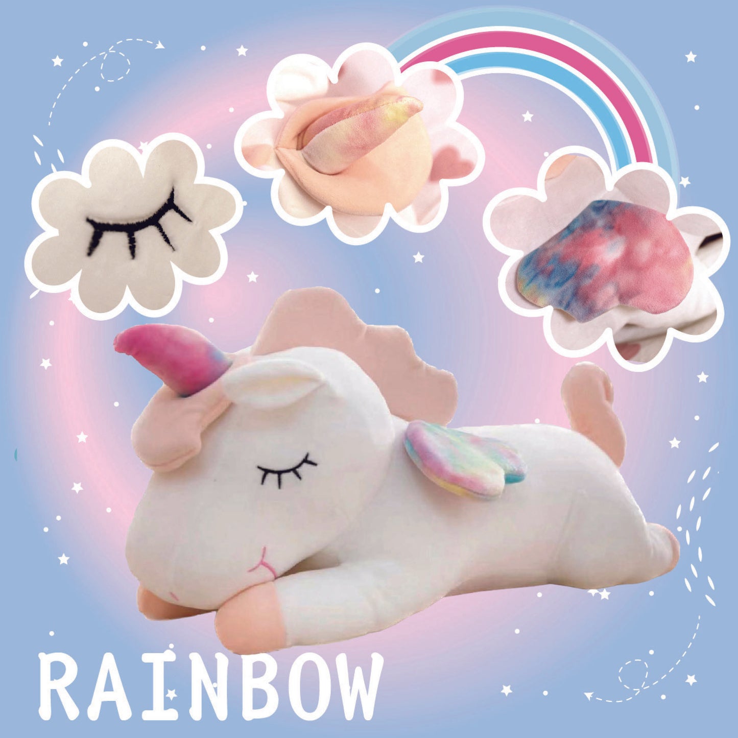 Adorable white unicorn plush toy with rainbow wings, featuring a cozy unicorn blanket tucked inside its belly. Soft and cuddly, this squishmallow-style stuffed animal doubles as a pillow for kids, making it the perfect plushie and comfort companion for bedtime or playtime. 6
