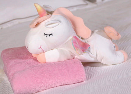 Adorable white unicorn plush toy with rainbow wings, featuring a cozy unicorn blanket tucked inside its belly. Soft and cuddly, this squishmallow-style stuffed animal doubles as a pillow for kids, making it the perfect plushie and comfort companion for bedtime or playtime. 7
