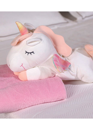 Adorable white unicorn plush toy with rainbow wings, featuring a cozy unicorn blanket tucked inside its belly. Soft and cuddly, this squishmallow-style stuffed animal doubles as a pillow for kids, making it the perfect plushie and comfort companion for bedtime or playtime. 7
