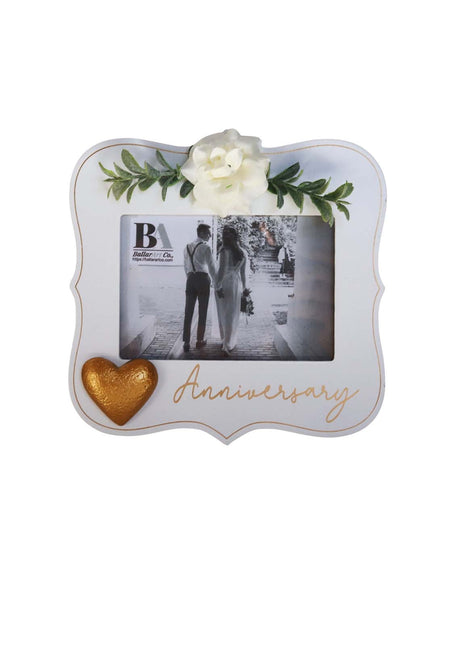  Elegant white wooden photo frame decorated with white flowers, hearts, and the word "Anniversary," making it a beautiful and thoughtful anniversary gift for couples, capturing special moments in a romantic keepsake. 1
