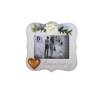  Elegant white wooden photo frame decorated with white flowers, hearts, and the word "Anniversary," making it a beautiful and thoughtful anniversary gift for couples, capturing special moments in a romantic keepsake. 1
