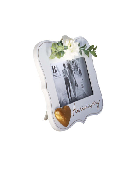  Elegant white wooden photo frame decorated with white flowers, hearts, and the word "Anniversary," making it a beautiful and thoughtful anniversary gift for couples, capturing special moments in a romantic keepsake. 2
