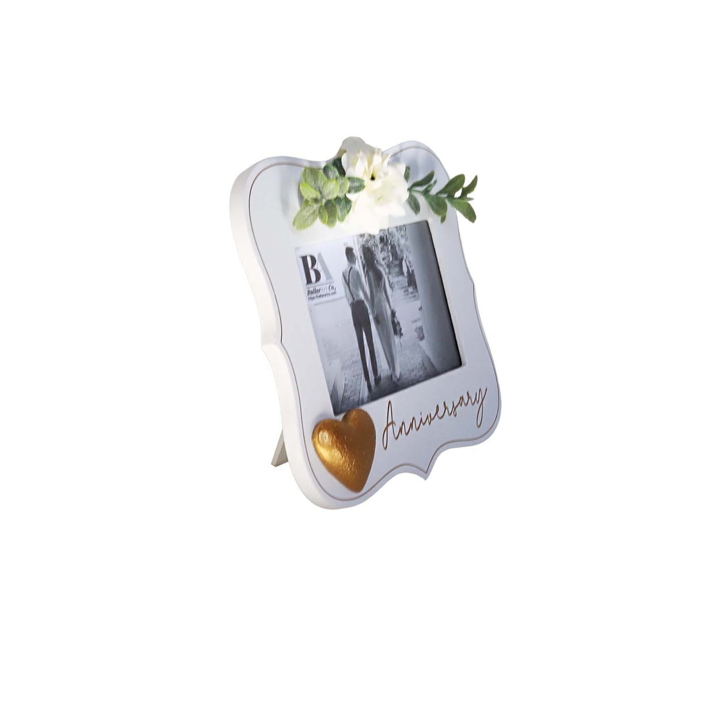  Elegant white wooden photo frame decorated with white flowers, hearts, and the word "Anniversary," making it a beautiful and thoughtful anniversary gift for couples, capturing special moments in a romantic keepsake. 2
