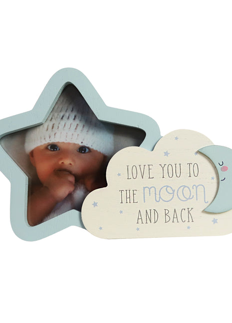 Charming wooden baby photo frame, cloud shaped picture frame featuring moon, and star decorations. A cute and versatile home decor piece, perfect for baby rooms or nurseries, and makes a thoughtful gift for new parents. 1
