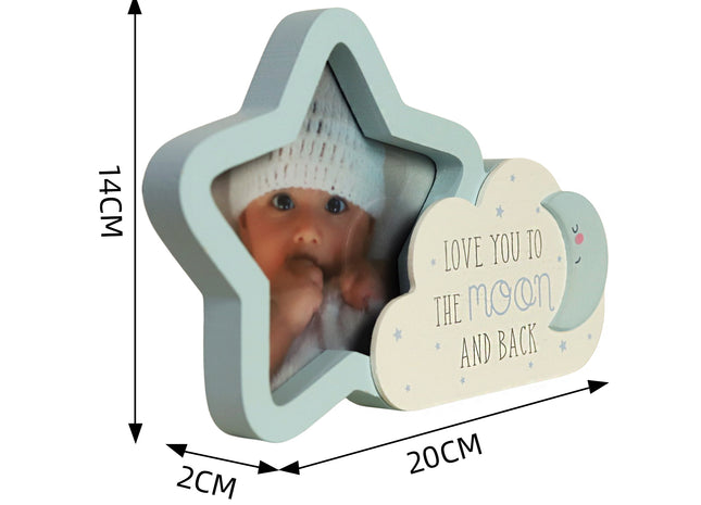 Charming wooden baby photo frame, cloud shaped picture frame featuring moon, and star decorations. A cute and versatile home decor piece, perfect for baby rooms or nurseries, and makes a thoughtful gift for new parents. 2
