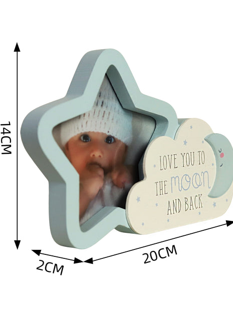 Charming wooden baby photo frame, cloud shaped picture frame featuring moon, and star decorations. A cute and versatile home decor piece, perfect for baby rooms or nurseries, and makes a thoughtful gift for new parents. 2
