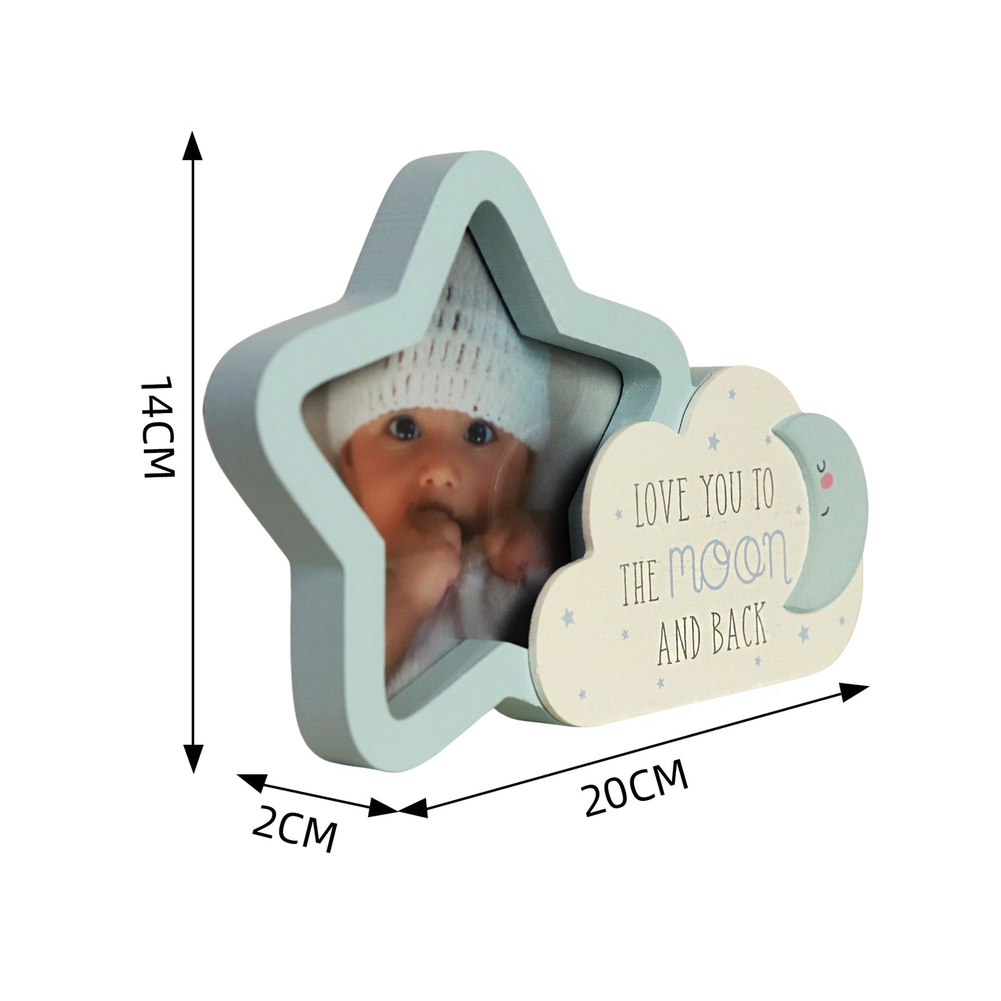 Charming wooden baby photo frame, cloud shaped picture frame featuring moon, and star decorations. A cute and versatile home decor piece, perfect for baby rooms or nurseries, and makes a thoughtful gift for new parents. 2
