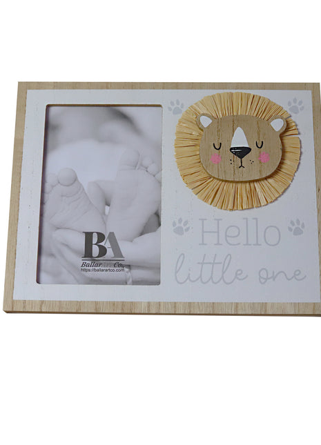Wooden baby photo frame featuring a charming cartoon cat design, hello little one, perfect as a decorative home ornament and keepsake, ideal for showcasing precious baby memories. 1
