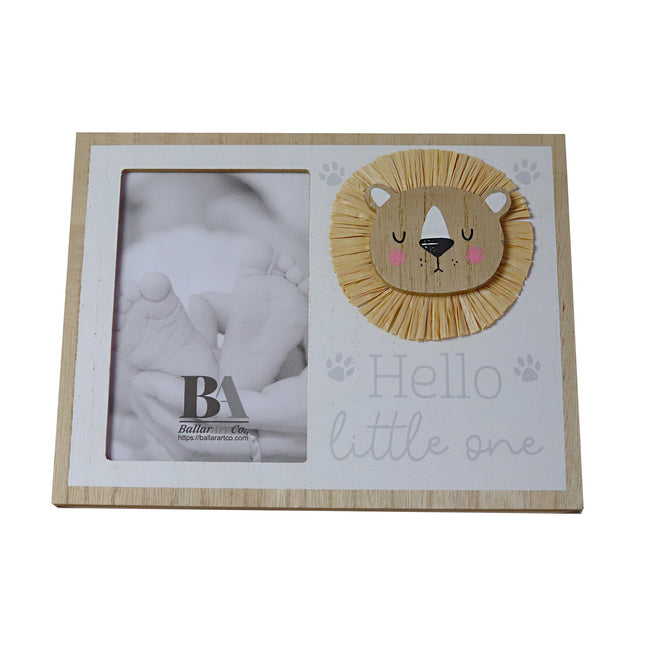 Wooden baby photo frame featuring a charming cartoon cat design, hello little one, perfect as a decorative home ornament and keepsake, ideal for showcasing precious baby memories. 1
