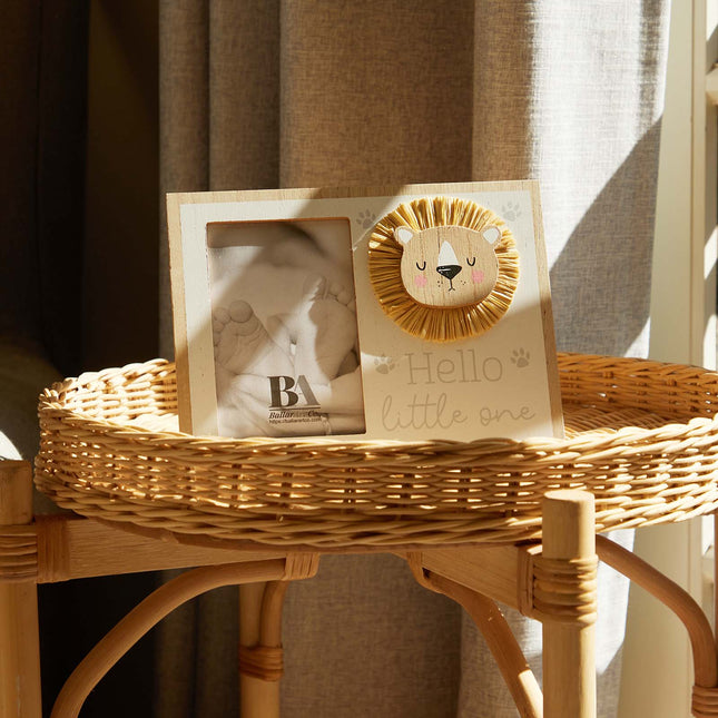 Wooden baby photo frame featuring a charming cartoon cat design, hello little one, perfect as a decorative home ornament and keepsake, ideal for showcasing precious baby memories. 3
