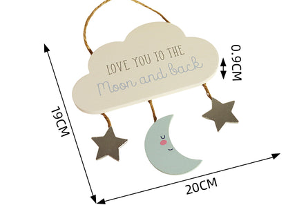 Beautiful wooden cloud-shaped hanging decor featuring star and moon accents with the heartfelt phrase 'Love You to the Moon and Back.' Perfect for nursery rooms, kids' spaces, or as a thoughtful gift for loved ones. 