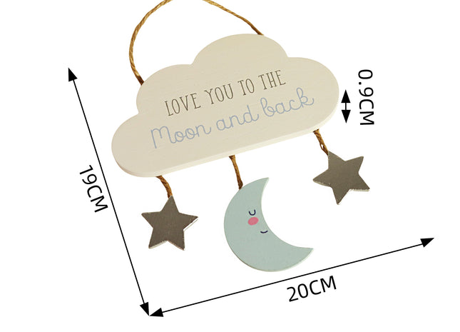 Beautiful wooden cloud-shaped hanging decor featuring star and moon accents with the heartfelt phrase 'Love You to the Moon and Back.' Perfect for nursery rooms, kids' spaces, or as a thoughtful gift for loved ones. 