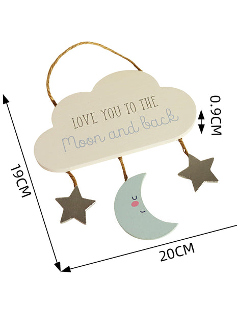 Beautiful wooden cloud-shaped hanging decor featuring star and moon accents with the heartfelt phrase 'Love You to the Moon and Back.' Perfect for nursery rooms, kids' spaces, or as a thoughtful gift for loved ones. 
