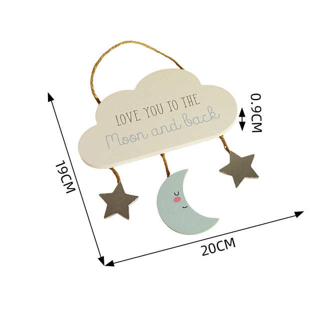 Beautiful wooden cloud-shaped hanging decor featuring star and moon accents with the heartfelt phrase 'Love You to the Moon and Back.' Perfect for nursery rooms, kids' spaces, or as a thoughtful gift for loved ones. 