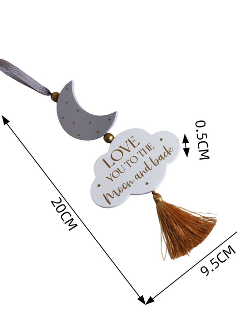 Beautiful wooden cloud-shaped hanging decor, room decor, ornament featuring star and moon accents with the heartfelt phrase 'Love You to the Moon and Back.' Perfect for nursery rooms, kids' spaces, or as a thoughtful gift for loved ones. 1
