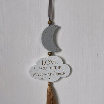Beautiful wooden cloud-shaped hanging decor, room decor, ornament featuring star and moon accents with the heartfelt phrase 'Love You to the Moon and Back.' Perfect for nursery rooms, kids' spaces, or as a thoughtful gift for loved ones. 2

