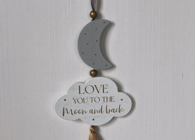Beautiful wooden cloud-shaped hanging decor, room decor, ornament featuring star and moon accents with the heartfelt phrase 'Love You to the Moon and Back.' Perfect for nursery rooms, kids' spaces, or as a thoughtful gift for loved ones. 2
