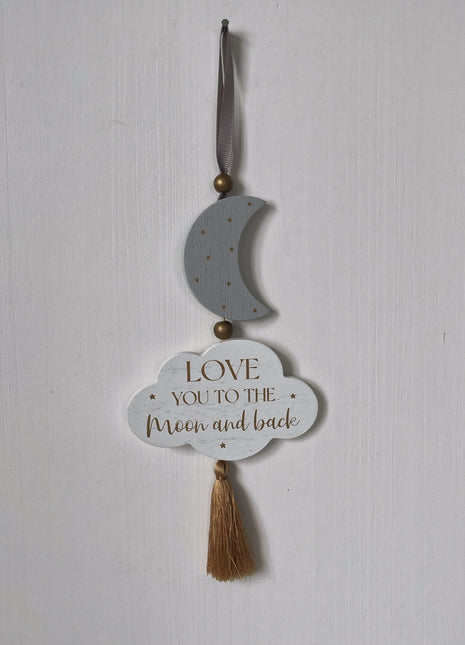 Beautiful wooden cloud-shaped hanging decor, room decor, ornament featuring star and moon accents with the heartfelt phrase 'Love You to the Moon and Back.' Perfect for nursery rooms, kids' spaces, or as a thoughtful gift for loved ones. 2
