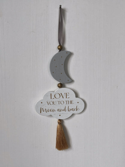 Beautiful wooden cloud-shaped hanging decor, room decor, ornament featuring star and moon accents with the heartfelt phrase 'Love You to the Moon and Back.' Perfect for nursery rooms, kids' spaces, or as a thoughtful gift for loved ones. 2
