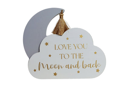 Adorable wooden cloud-shaped tabletop decor with moon and star accents, featuring the heartwarming phrase 'Love You to the Moon and Back.' Ideal for decorating kids' rooms, nurseries, or as a thoughtful gift for loved ones. 1
