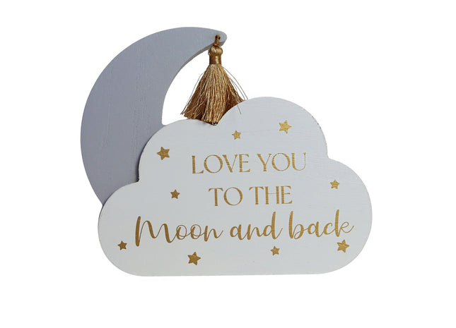 Adorable wooden cloud-shaped tabletop decor with moon and star accents, featuring the heartwarming phrase 'Love You to the Moon and Back.' Ideal for decorating kids' rooms, nurseries, or as a thoughtful gift for loved ones. 1

