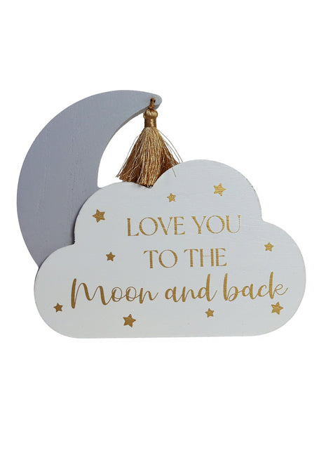 Adorable wooden cloud-shaped tabletop decor with moon and star accents, featuring the heartwarming phrase 'Love You to the Moon and Back.' Ideal for decorating kids' rooms, nurseries, or as a thoughtful gift for loved ones. 1
