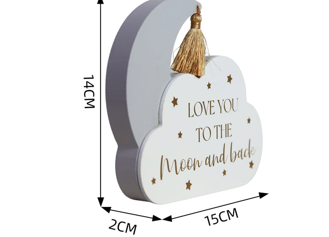 Adorable wooden cloud-shaped tabletop decor with moon and star accents, featuring the heartwarming phrase 'Love You to the Moon and Back.' Ideal for decorating kids' rooms, nurseries, or as a thoughtful gift for loved ones. 2
