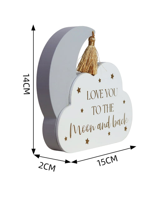 Adorable wooden cloud-shaped tabletop decor with moon and star accents, featuring the heartwarming phrase 'Love You to the Moon and Back.' Ideal for decorating kids' rooms, nurseries, or as a thoughtful gift for loved ones. 2
