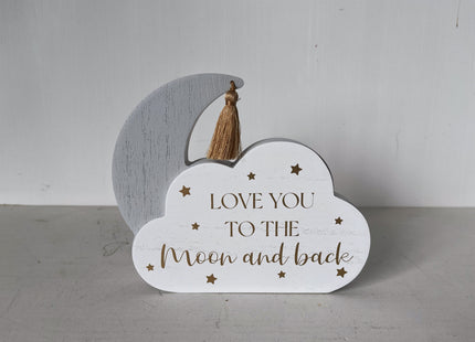 Adorable wooden cloud-shaped tabletop decor with moon and star accents, featuring the heartwarming phrase 'Love You to the Moon and Back.' Ideal for decorating kids' rooms, nurseries, or as a thoughtful gift for loved ones. 3
