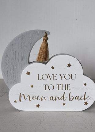 Adorable wooden cloud-shaped tabletop decor with moon and star accents, featuring the heartwarming phrase 'Love You to the Moon and Back.' Ideal for decorating kids' rooms, nurseries, or as a thoughtful gift for loved ones. 3
