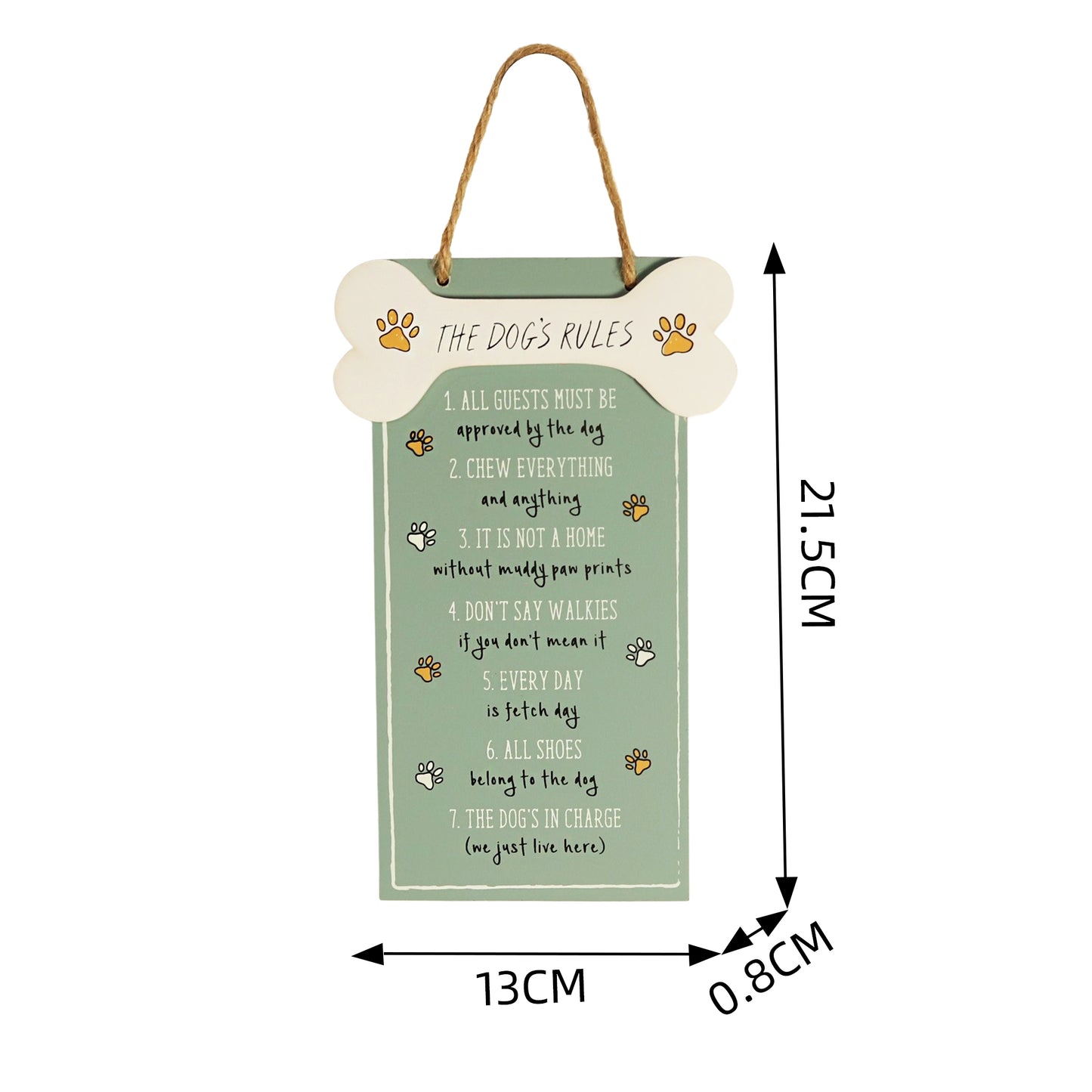 Adorable wooden hanging sign featuring "The Dog's Rules" with a bone-shaped accent and cute dog paw illustrations. Ideal for wall or door decor, this green wooden plaque makes a charming gift for dog lovers and adds personality to any pet-friendly home.