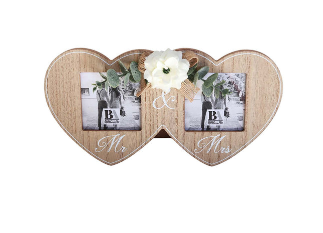 Wooden double photo frame featuring two interlocking hearts, each holding a photo, and adorned with a white flower. A perfect romantic gift for couples, weddings, or anniversaries, symbolizing love and togetherness. 1
