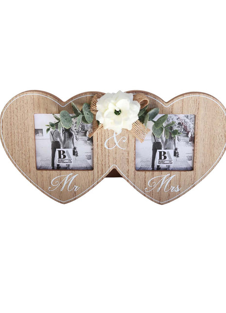 Wooden double photo frame featuring two interlocking hearts, each holding a photo, and adorned with a white flower. A perfect romantic gift for couples, weddings, or anniversaries, symbolizing love and togetherness. 1
