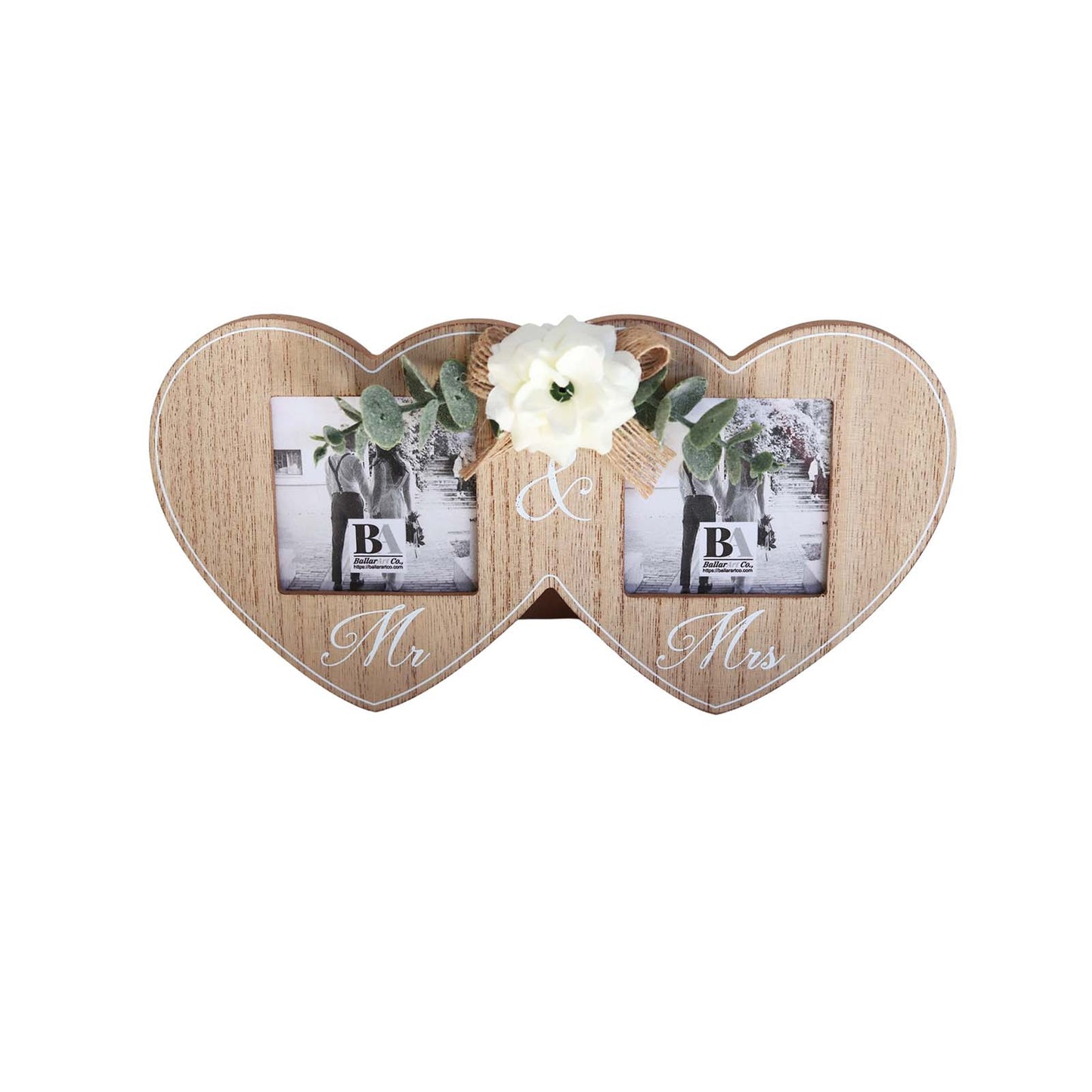 Wooden double photo frame featuring two interlocking hearts, each holding a photo, and adorned with a white flower. A perfect romantic gift for couples, weddings, or anniversaries, symbolizing love and togetherness. 1
