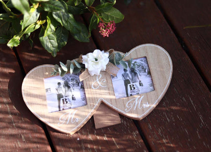 Wooden double photo frame featuring two interlocking hearts, each holding a photo, and adorned with a white flower. A perfect romantic gift for couples, weddings, or anniversaries, symbolizing love and togetherness. 3
