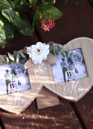 Wooden double photo frame featuring two interlocking hearts, each holding a photo, and adorned with a white flower. A perfect romantic gift for couples, weddings, or anniversaries, symbolizing love and togetherness. 3
