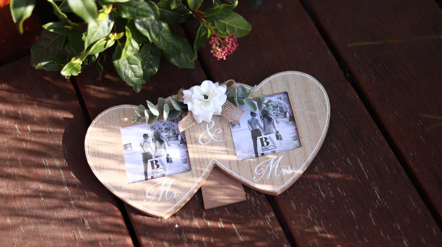 Wooden double photo frame featuring two interlocking hearts, each holding a photo, and adorned with a white flower. A perfect romantic gift for couples, weddings, or anniversaries, symbolizing love and togetherness. 3
