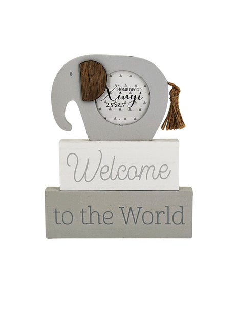 Wooden elephant-shaped baby photo frame with a photo slot in the belly, welcome to the world, crafted as a charming home decor piece and keepsake, perfect for displaying baby pictures and enhancing nursery or home spaces.