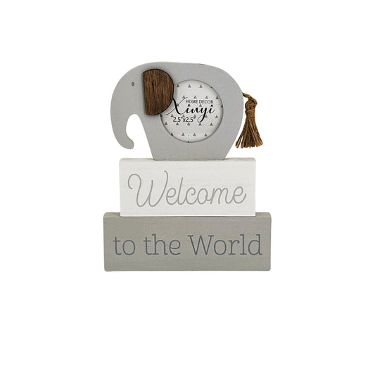 Wooden elephant-shaped baby photo frame with a photo slot in the belly, welcome to the world, crafted as a charming home decor piece and keepsake, perfect for displaying baby pictures and enhancing nursery or home spaces.