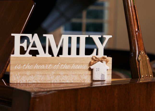 Square wooden decorative piece featuring the word "Family" and a mini house design, crafted with exquisite details, perfect for home decoration or as a thoughtful gift. 2
