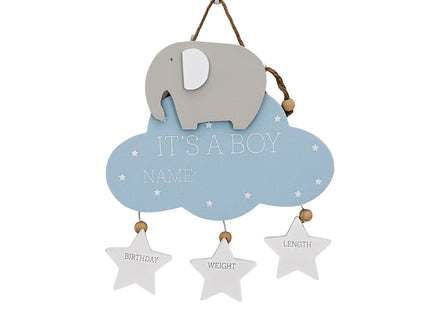 Wooden hanging decoration featuring a cute elephant, pink cloud, and three heart accents, perfect as a newborn baby gift and nursery decor.